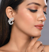 Leaf Design Crystal Studded Brass Earrings – Silver Finish