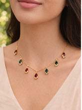 Elegant Ruby & Emerald Drop Brass Necklace