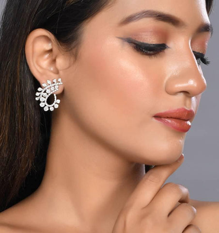 Leaf Design Crystal Studded Brass Earrings – Silver Finish