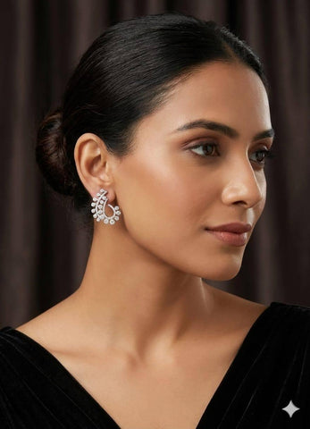 Leaf Design Crystal Studded Brass Earrings – Silver Finish