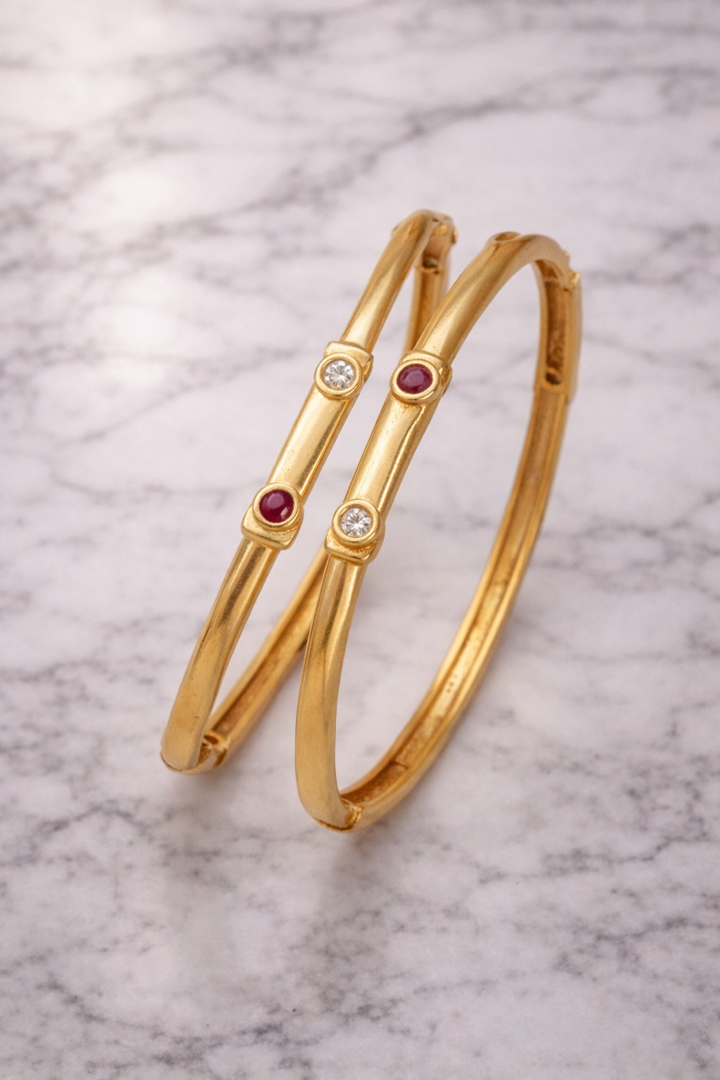 Minimalist Ruby & Crystal Stone Gold-Plated Brass Bangles
