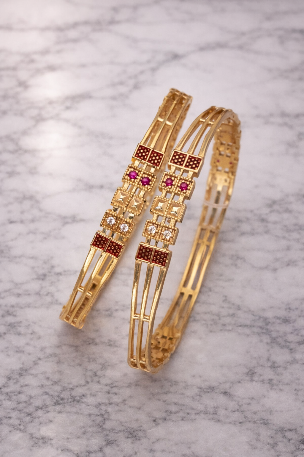 Traditional Geometric Meenakari Gold-Plated Brass Bangles with Crystal & Ruby Stones