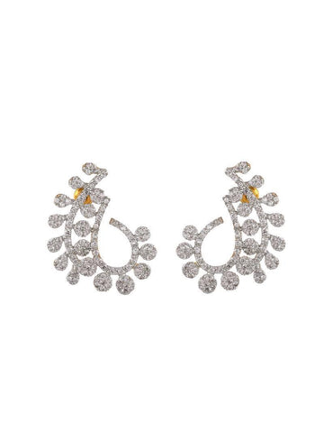 Leaf Design Crystal Studded Brass Earrings – Silver Finish
