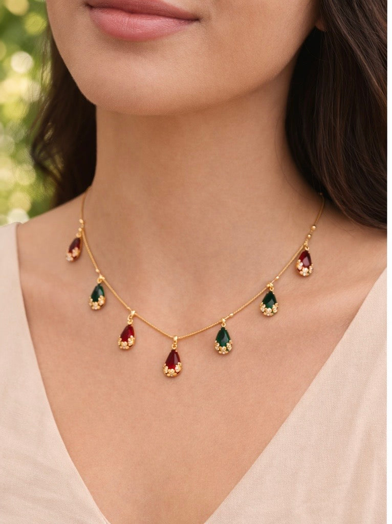 Elegant Ruby & Emerald Drop Brass Necklace