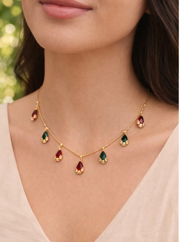 Elegant Ruby & Emerald Drop Brass Necklace