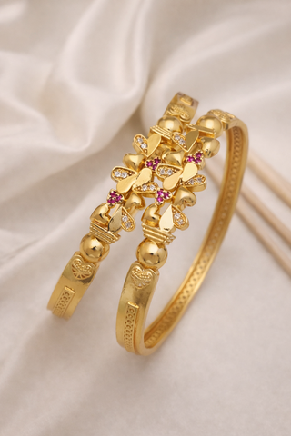 Elegant Floral Stone Brass Bangle Set