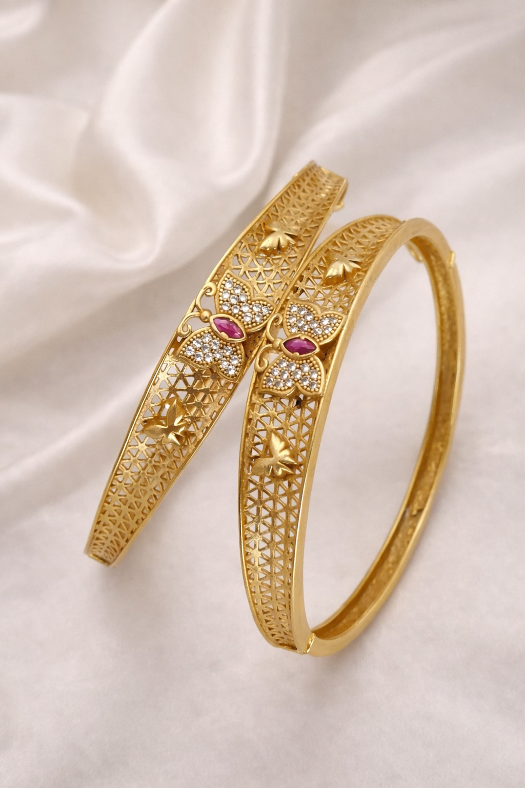 Butterfly Design Brass Bangles with Ruby & Crystal Stones