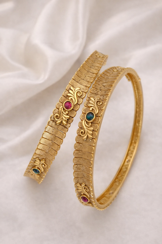 Antique Gold-Plated Brass Bangles with Multicolor Stone Accents