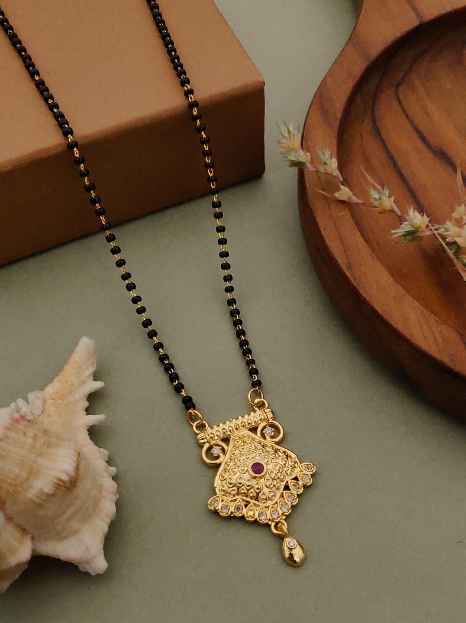 Traditional Mangalsutra Pendant Necklace – Gold Plated Brass with Black Beads
