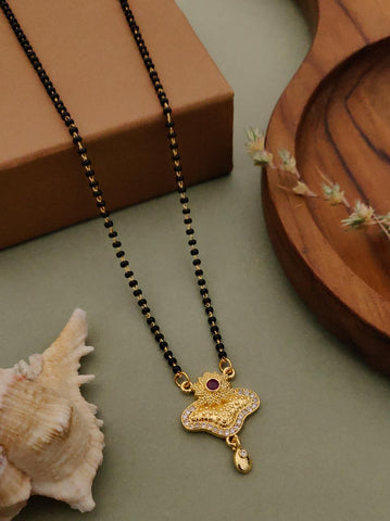 Floral Mangalsutra Pendant Necklace – Gold Plated Brass with Black Beads