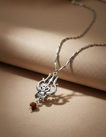 Lord Shiva Trishul Om Pendant Necklace – Antique Silver Finish
