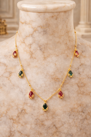 Elegant Ruby & Emerald Drop Brass Necklace