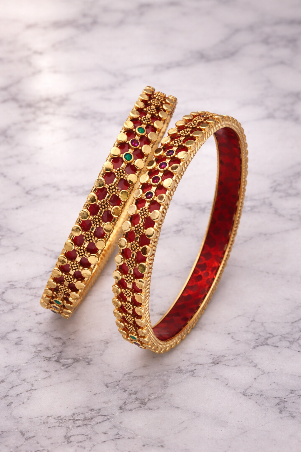 Traditional Red Meenakari Gold-Plated Brass Bangles with Multicolor Stone Work