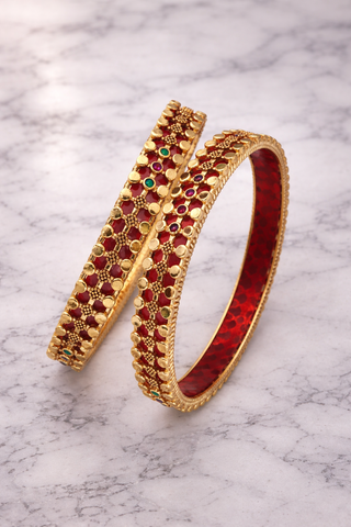 Traditional Red Meenakari Gold-Plated Brass Bangles with Multicolor Stone Work