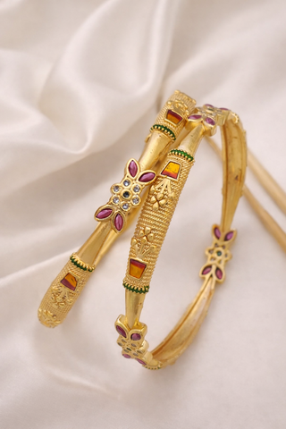 Traditional Floral Design Gold-Plated Brass Bangles with Ruby & Multicolor Stones