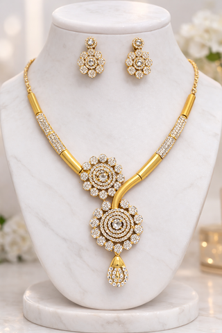 Luxury Floral Diamond Necklace & Earrings Set – Elegant Gold Finish