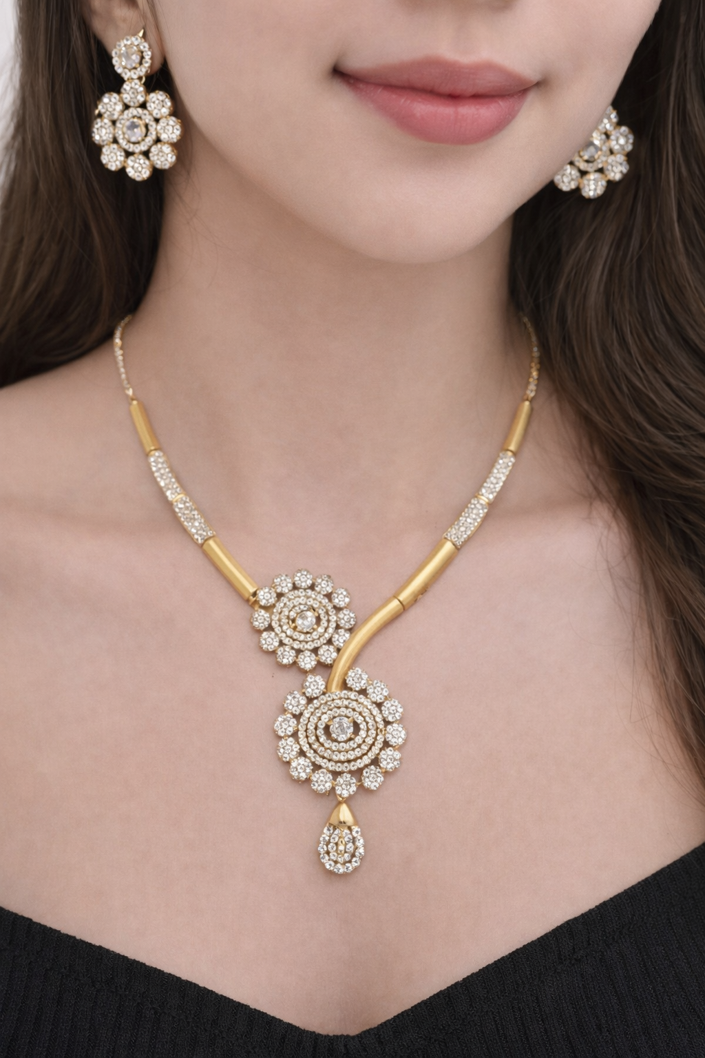 Luxury Floral Diamond Necklace & Earrings Set – Elegant Gold Finish