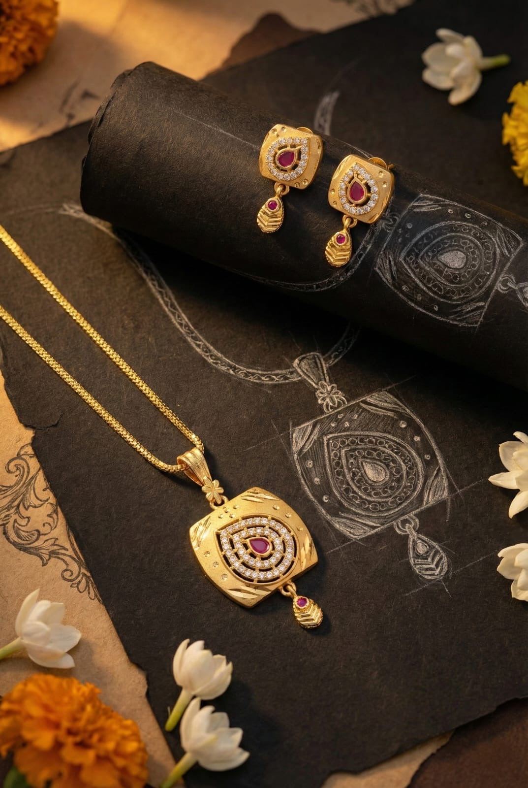 Royal Antique Ruby Drop Pendant Necklace Set