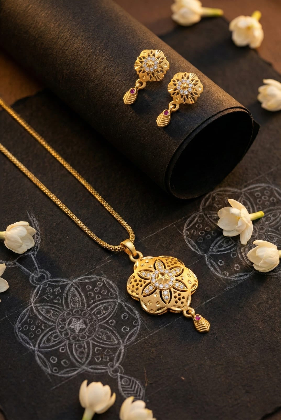 Floral Antique Gold Look Pendant Necklace Set
